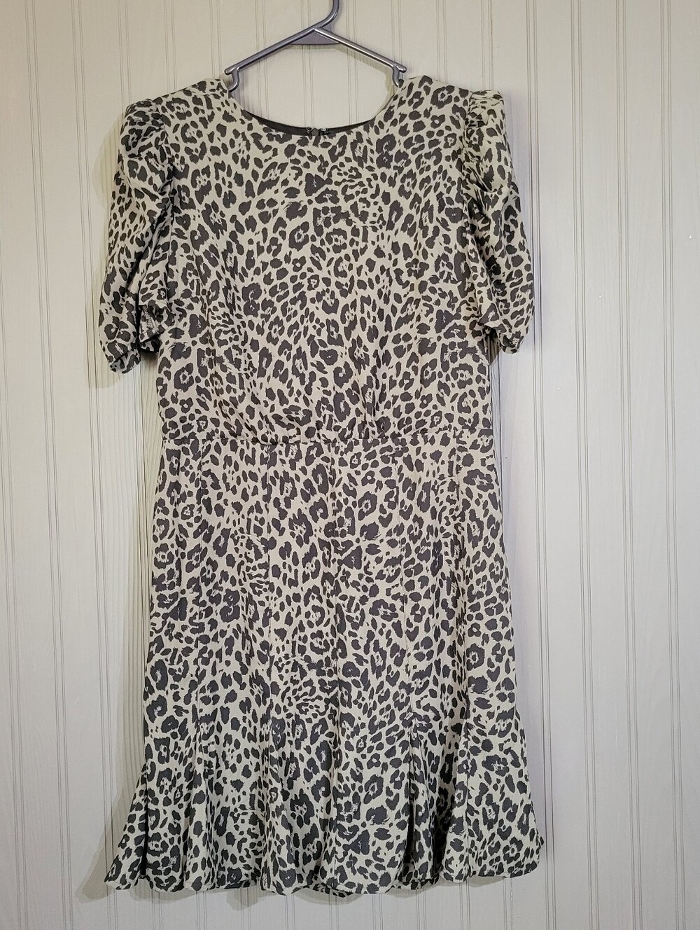 Express Fit And Flare Mini Dress Puff Sleeve Leopard Print Green Black Women's M